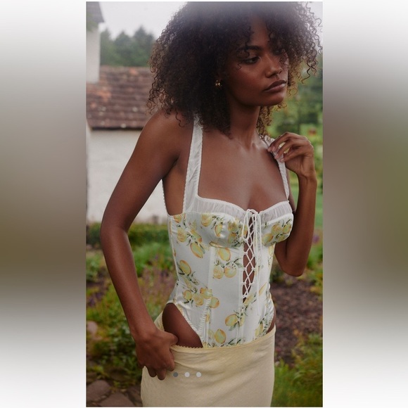For Love And Lemons Tops - For Love & Lemons White Lemon-Print Lace-Up Bodysuit